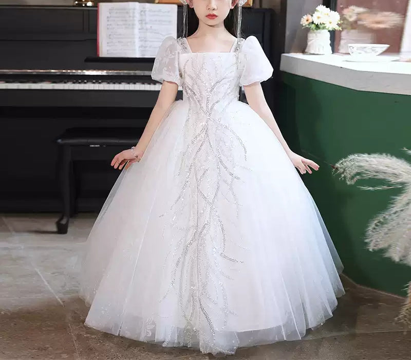 Robe de Bal à Col Carré et Manches Courtes pour Demoiselle D'Honneur avec Appliques en Strass