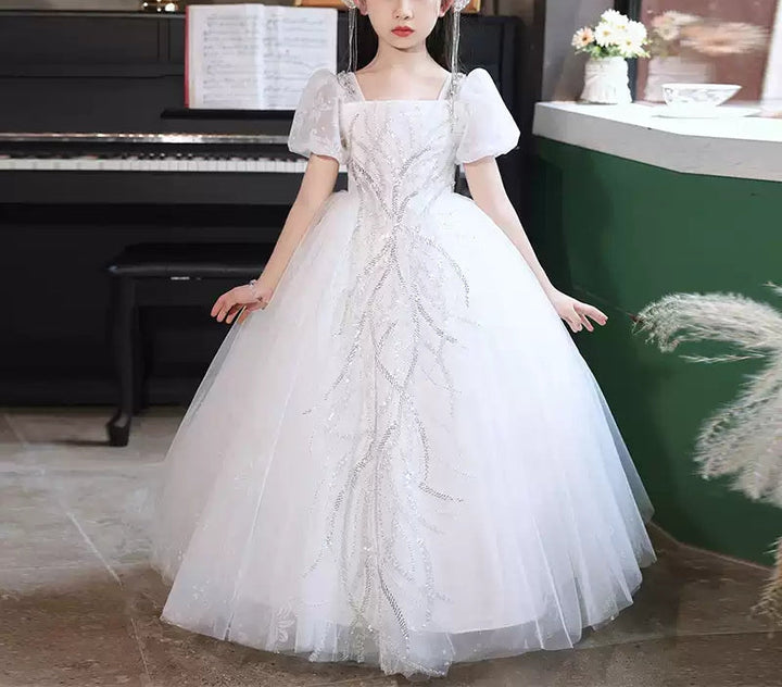 Robe de Bal à Col Carré et Manches Courtes pour Demoiselle D'Honneur avec Appliques en Strass