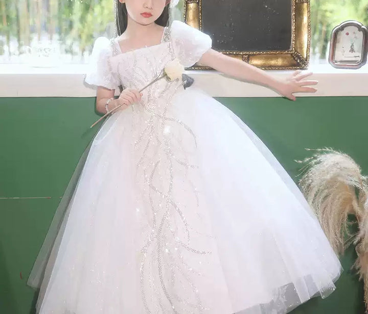 Robe de Bal à Col Carré et Manches Courtes pour Demoiselle D'Honneur avec Appliques en Strass