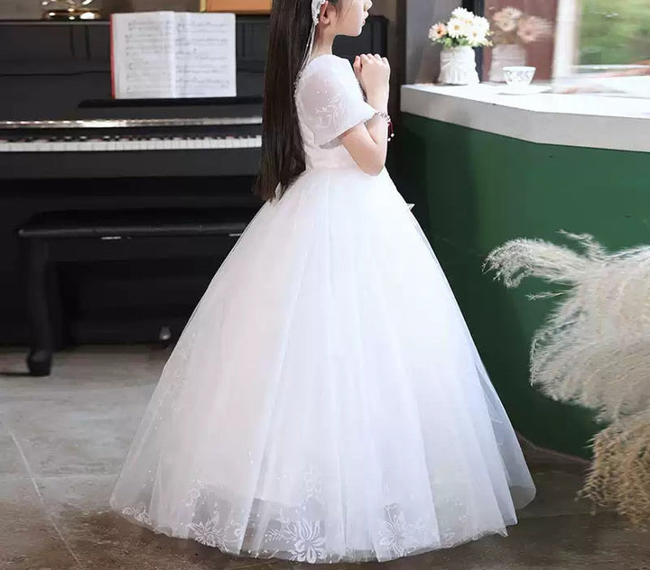 Robe de Bal à Col Carré et Manches Courtes pour Demoiselle D'Honneur avec Appliques en Strass
