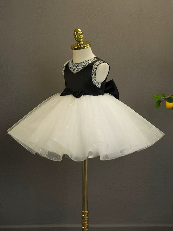 Robe de Bal Sans Manches Longueur Genou pour Bébé Fille avec Nœud et Strass