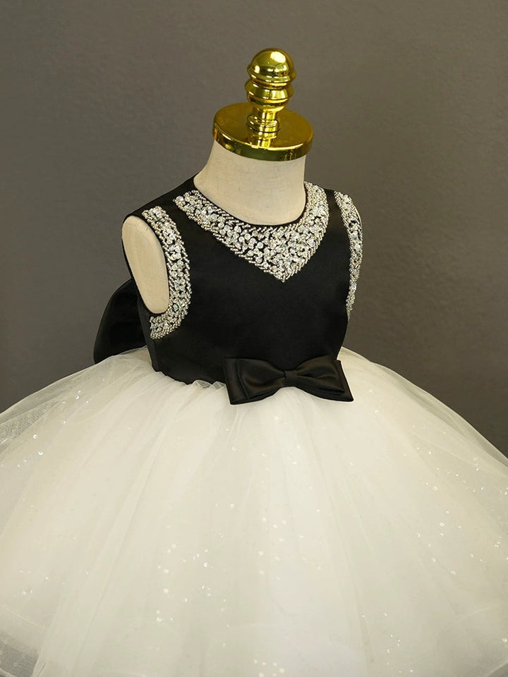 Robe de Bal Sans Manches Longueur Genou pour Bébé Fille avec Nœud et Strass