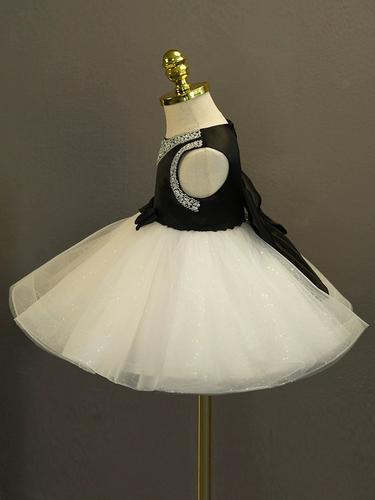 Robe de Bal Sans Manches Longueur Genou pour Bébé Fille avec Nœud et Strass