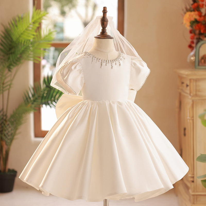 Robe de Soirée pour Bébé Fille à Col Rond et Manches Courtes, Longueur Genou, avec Nœud
