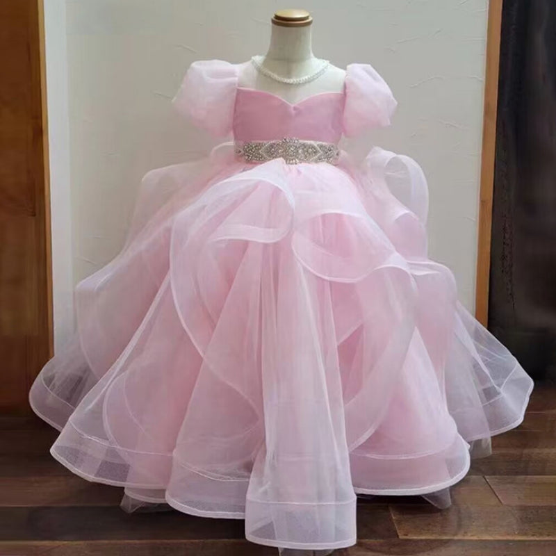 Robe de Bal à Col Rond et Manches Courtes avec Perles et Ceinture en Strass pour Demoiselle D'Honneur