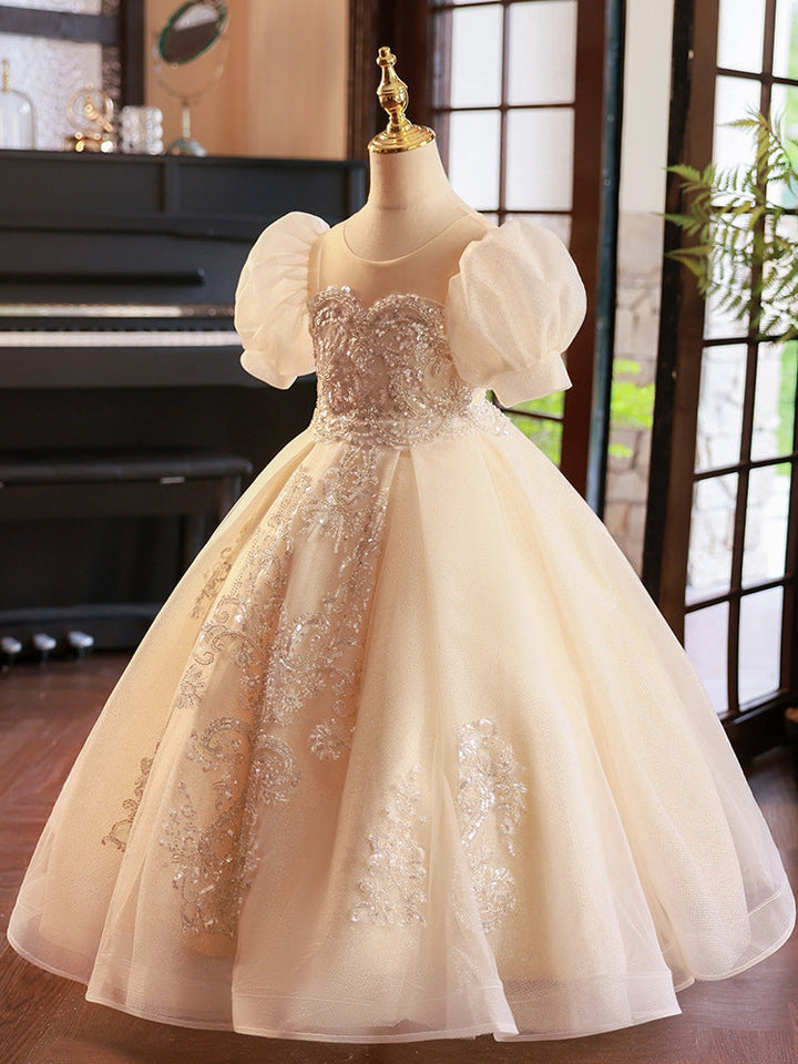 Robe de Bal à Manches Courtes pour Fille de Fleur avec Appliques en Strass