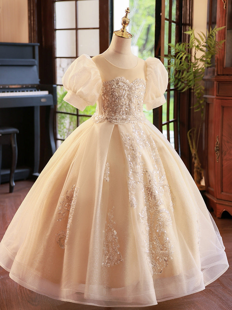 Robe de Bal à Manches Courtes pour Fille de Fleur avec Appliques en Strass