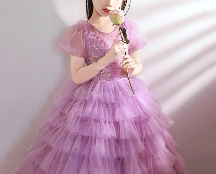 Robe de Soirée à Manches Courtes pour Fille avec Appliques en Strass
