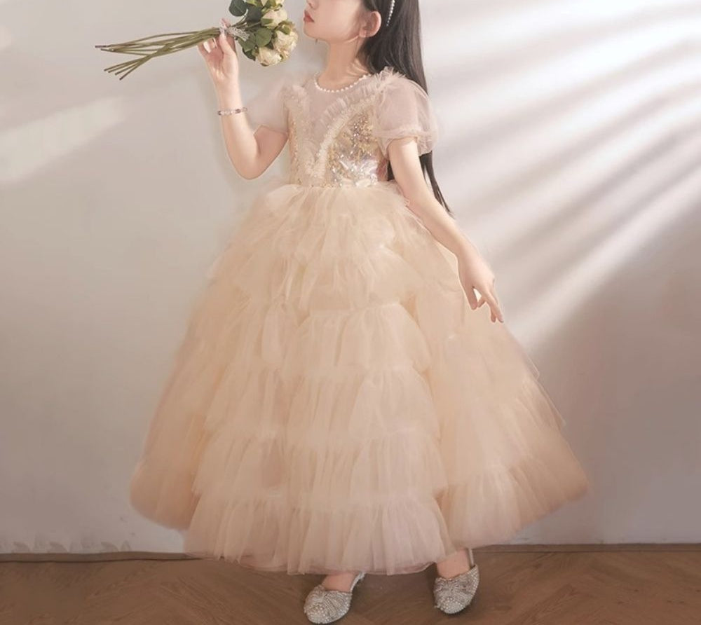 Robe de Soirée à Manches Courtes pour Fille avec Appliques en Strass