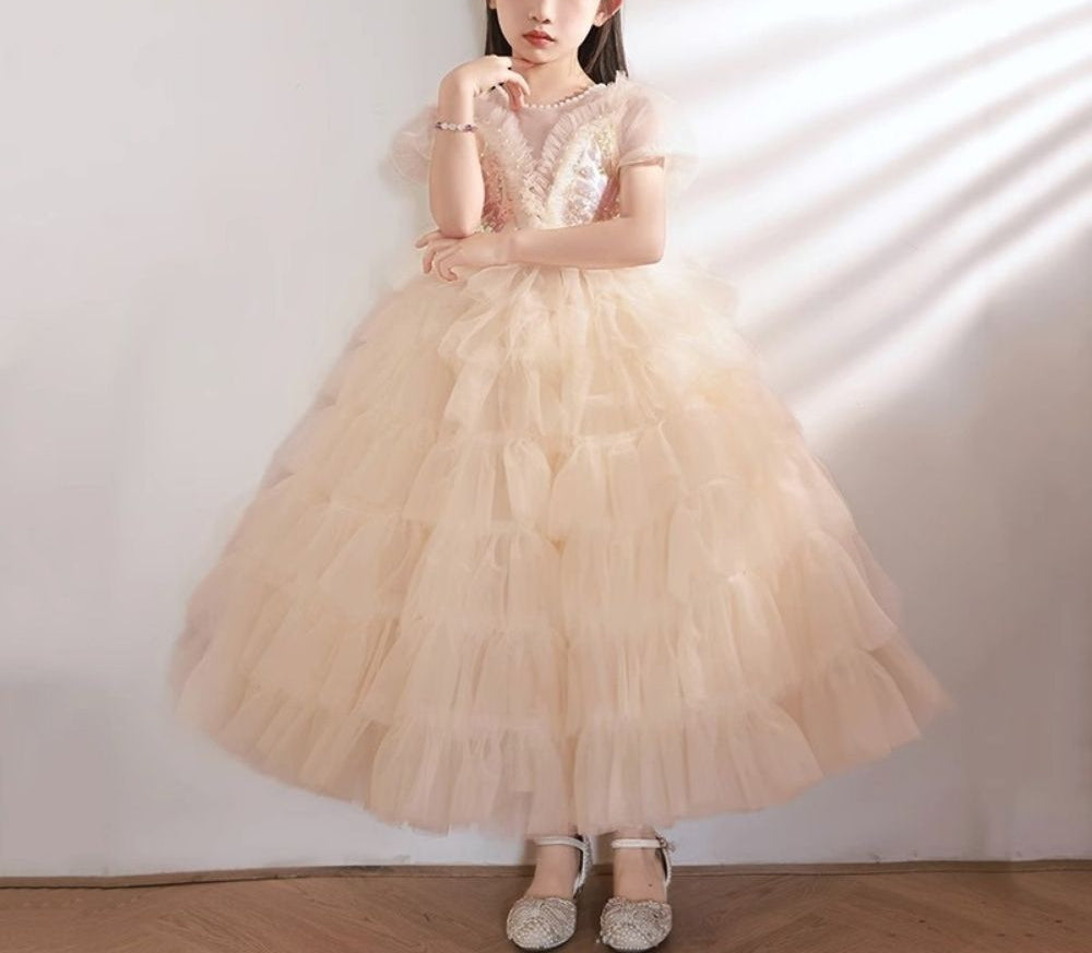 Robe de Soirée à Manches Courtes pour Fille avec Appliques en Strass