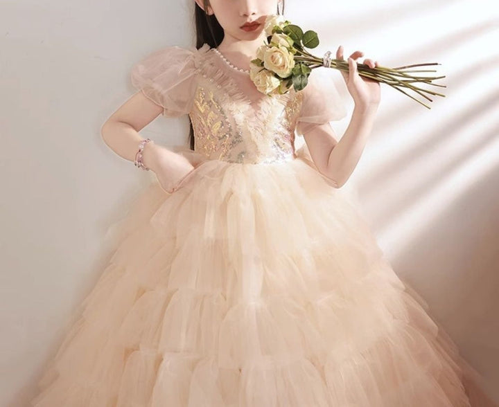 Robe de Soirée à Manches Courtes pour Fille avec Appliques en Strass