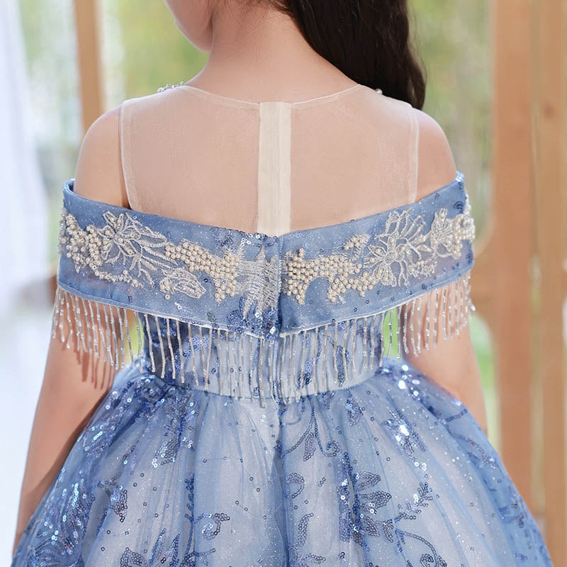 Robe de Soirée A-Line/Princess à Épaules Dénudées pour Fille avec Appliques en Cristal et Traîne