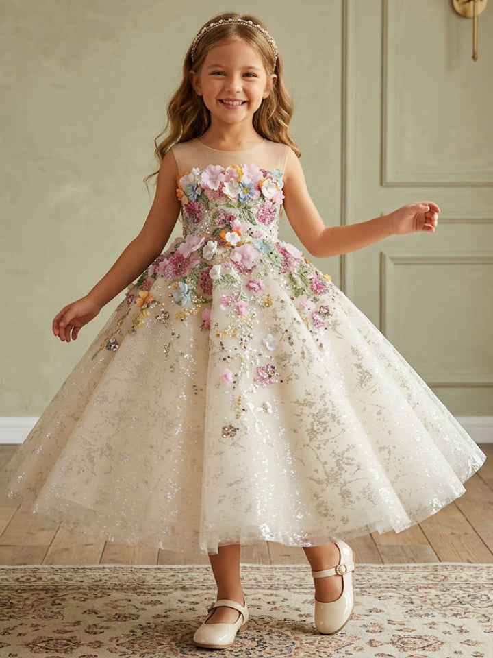 Robe demoiselle d’honneur ligne A tulle col rond, fleurs 3D, longueur midi