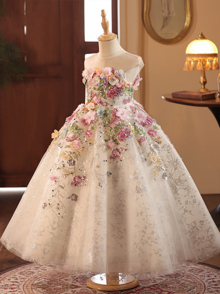 Robe demoiselle d’honneur ligne A tulle col rond, fleurs 3D, longueur midi