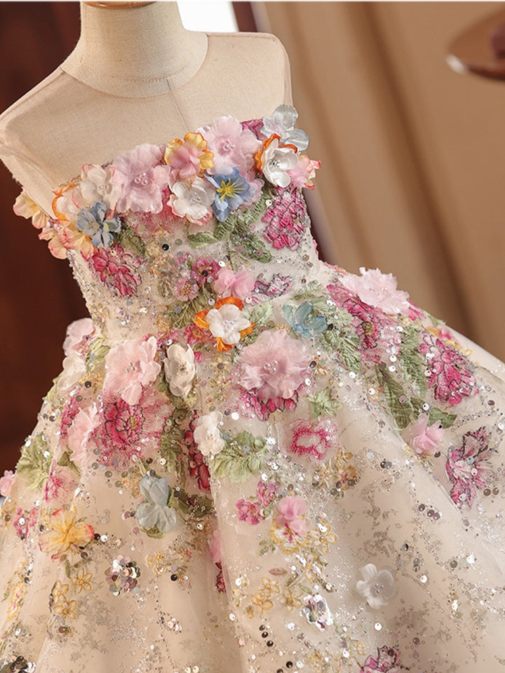 Robe demoiselle d’honneur ligne A tulle col rond, fleurs 3D, longueur midi