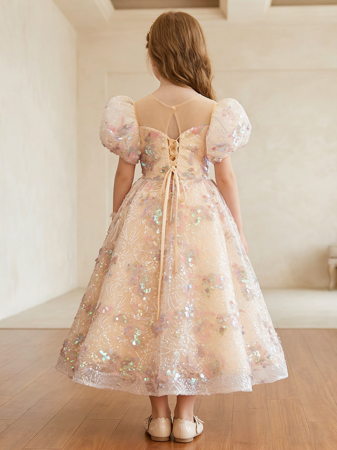 Robe demoiselle d’honneur ligne A col rond, sequins, manches bouffantes, longueur cheville
