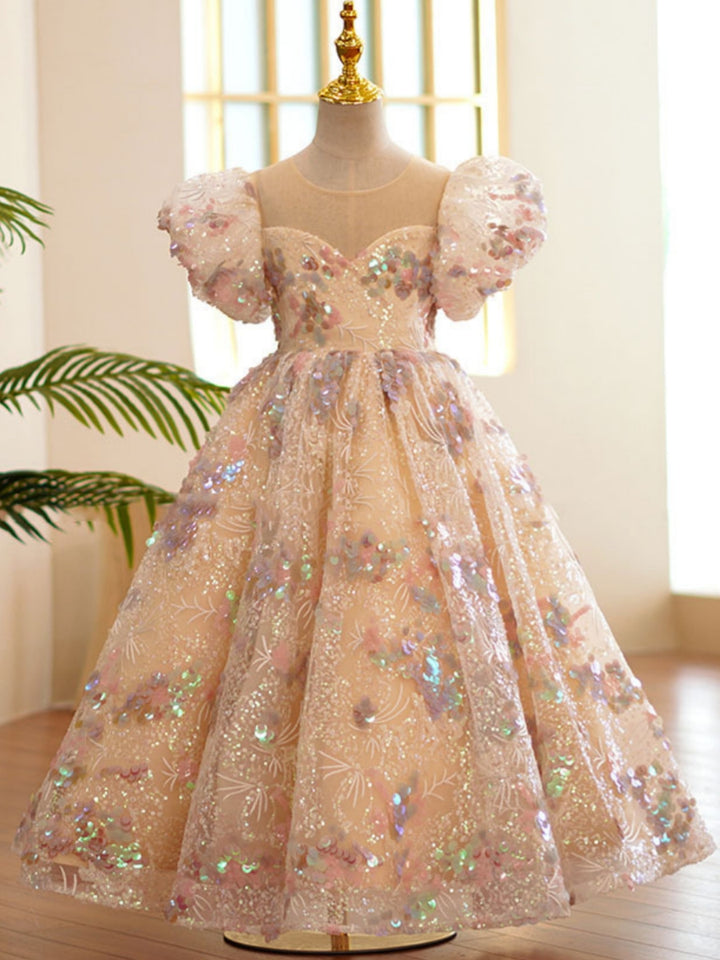 Robe demoiselle d’honneur ligne A col rond, sequins, manches bouffantes, longueur cheville