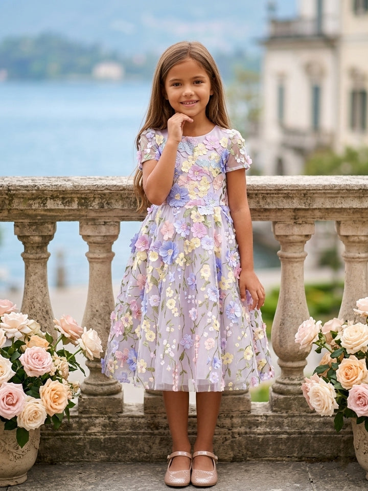 Robe pour Fille de Fleur, Ligne A/Princesse, Col Rond, Longueur Du Thé, Manches Courtes, 3D Fleurs