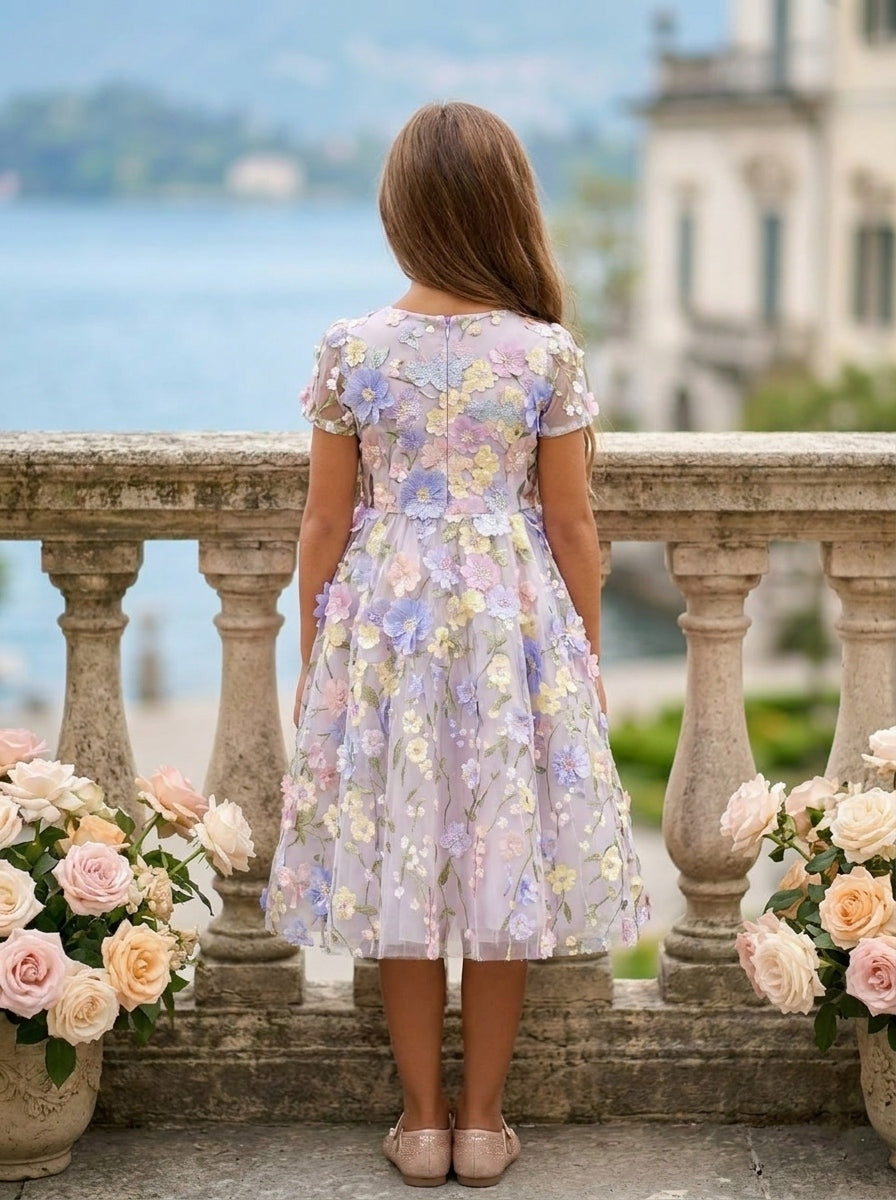 Robe pour Fille de Fleur, Ligne A/Princesse, Col Rond, Longueur Du Thé, Manches Courtes, 3D Fleurs