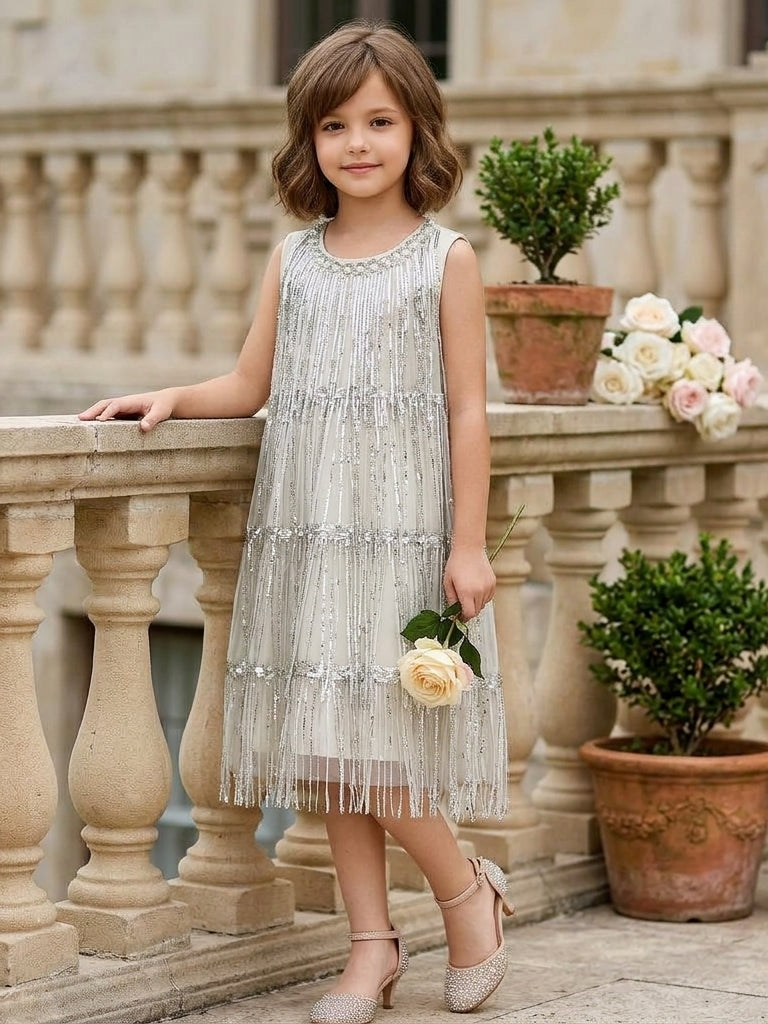 Robe pour Fille de Fleur, Ligne A/Princesse, Col Rond, Paillettes, Sans Manches, Longueur du Thé
