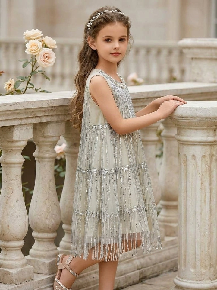 Robe pour Fille de Fleur, Ligne A/Princesse, Col Rond, Paillettes, Sans Manches, Longueur du Thé