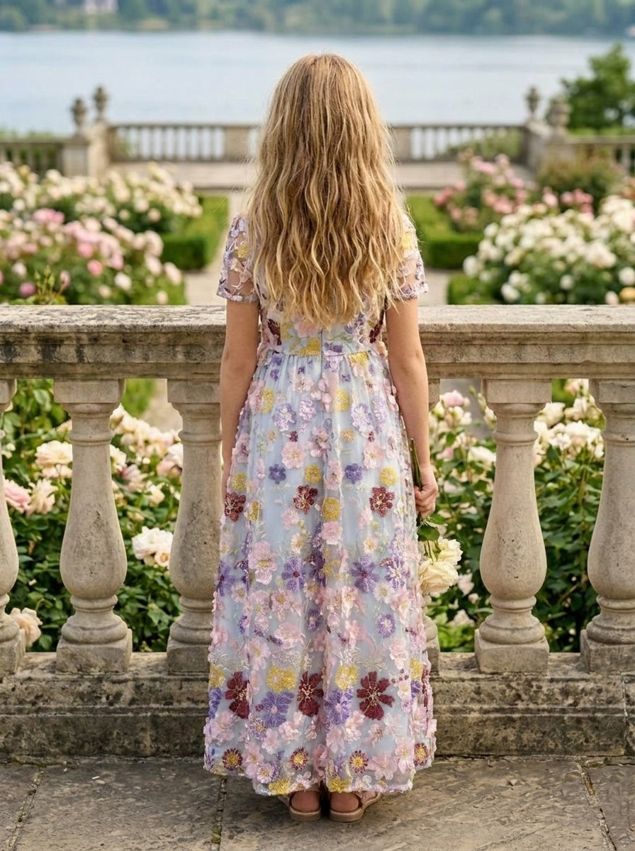 Robe pour Fille de Fleur, Ligne A/Princesse, Col Rond, Longueur de la Cheville, Manches Courtes, 3D Fleurs