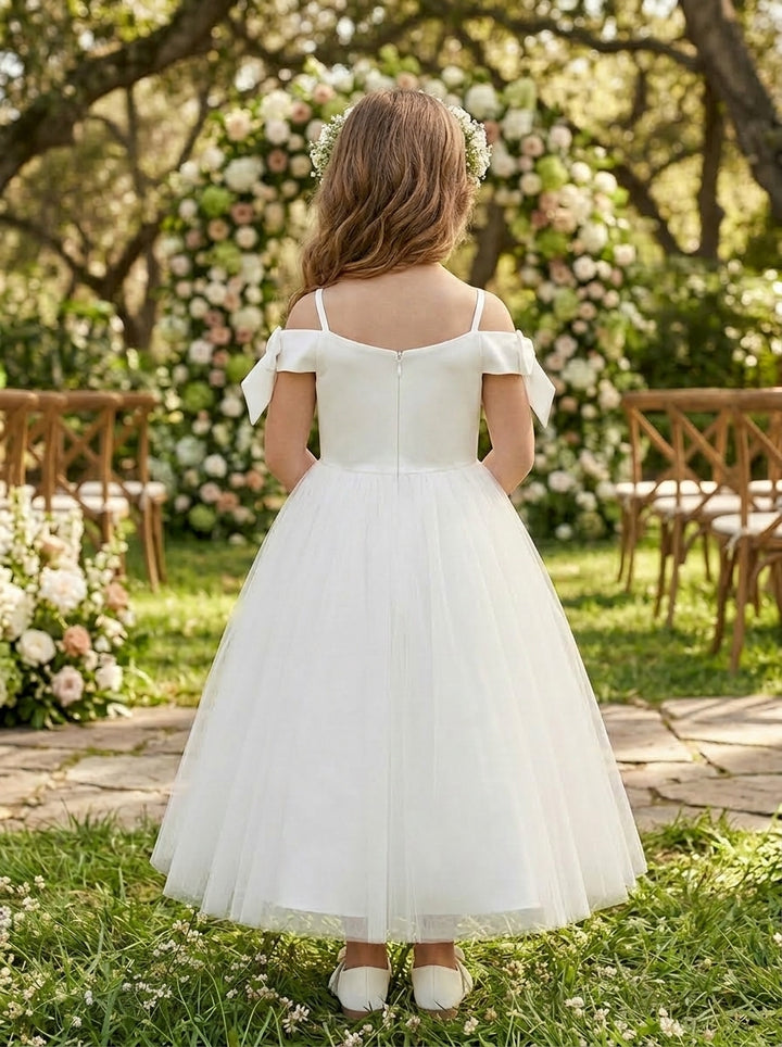 Robe pour Fille de Fleur, Ligne A/Princesse, Hors de l'épaule, Longueur de la Cheville, Sans Manches, Nœud Papillon
