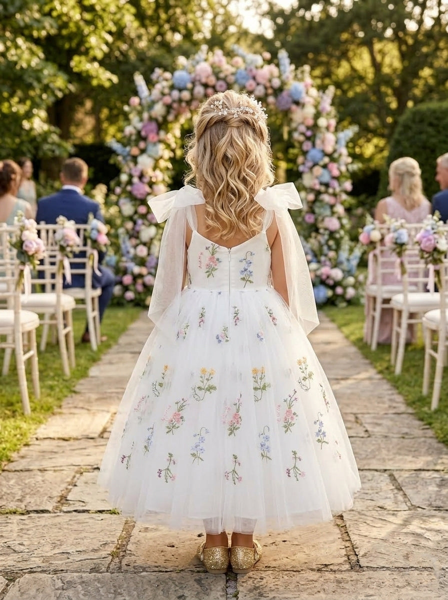 Robe pour Fille de Fleur, Ligne A/Princesse, Col en V, Longueur de la Cheville, Sans Manches, Florale