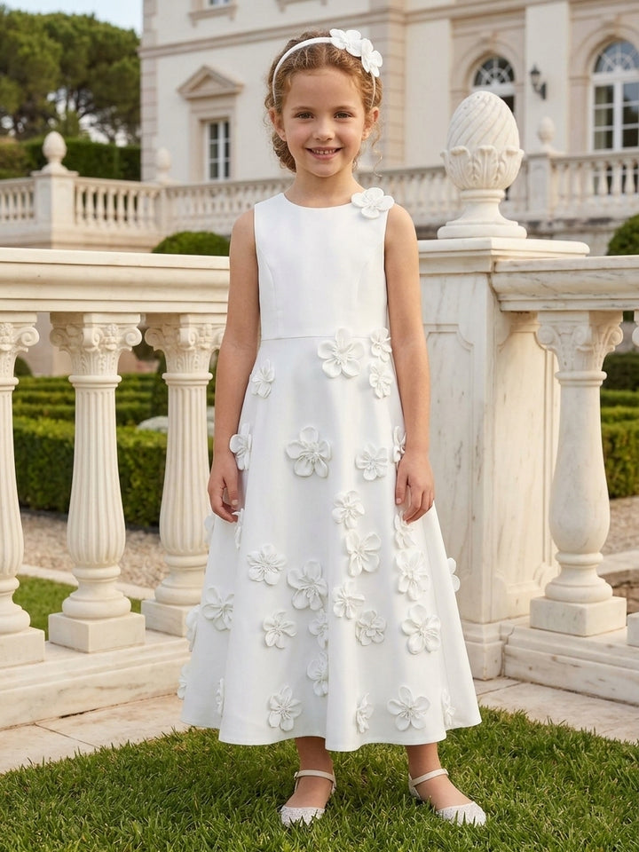 Robe pour Fille de Fleur, Ligne A/Princesse, Col Rond, Longueur de la Cheville, Sans Manches, 3D Fleurs