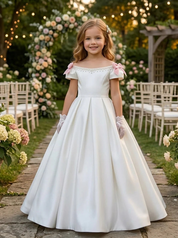 Robe pour Fille de Fleur, Ligne A/Princesse, Hors de l'épaule, Longueur du Sol, Sans Manches, Nœud Papillon