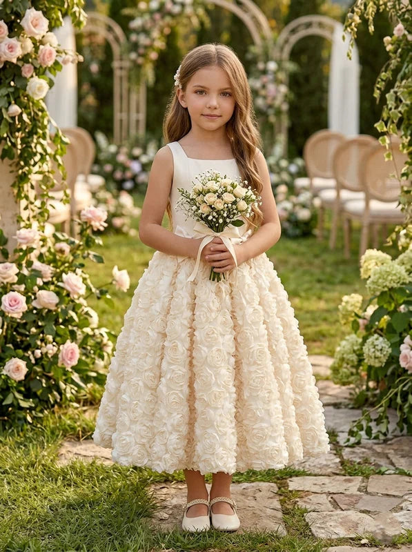 Robe pour Fille de Fleur, Ligne A/Princesse, Col Carré, Longueur de la Cheville, Sans Manches, Florale