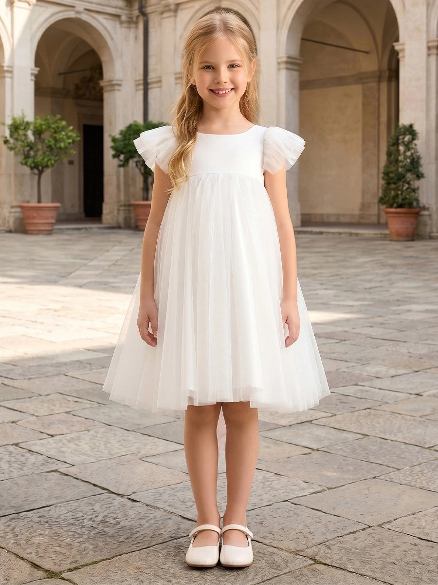 Robe de Bal en Tulle à Col Rond Manches Courtes Au Genou avec Nœud Papillon