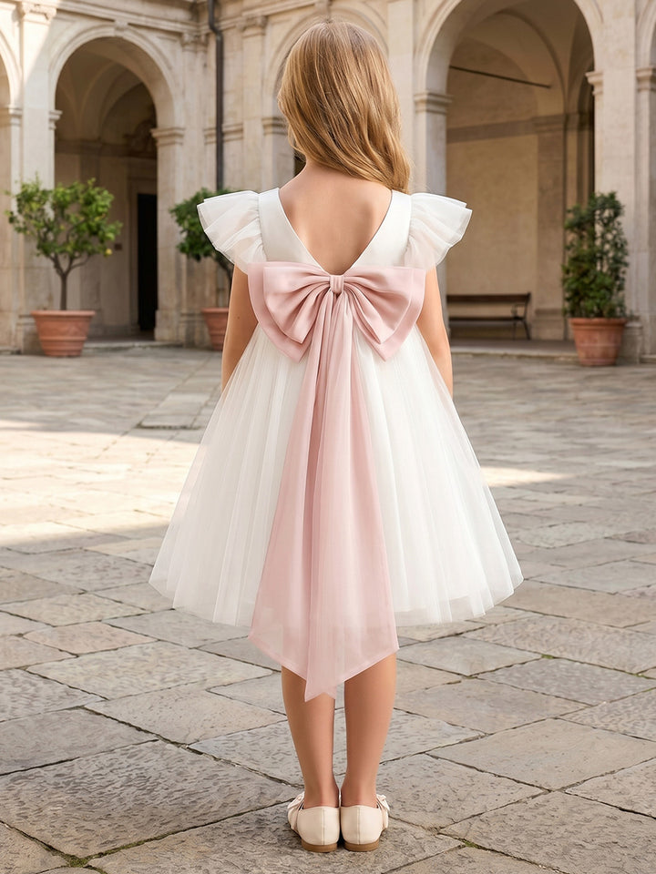 Robe de Bal en Tulle à Col Rond Manches Courtes Au Genou avec Nœud Papillon