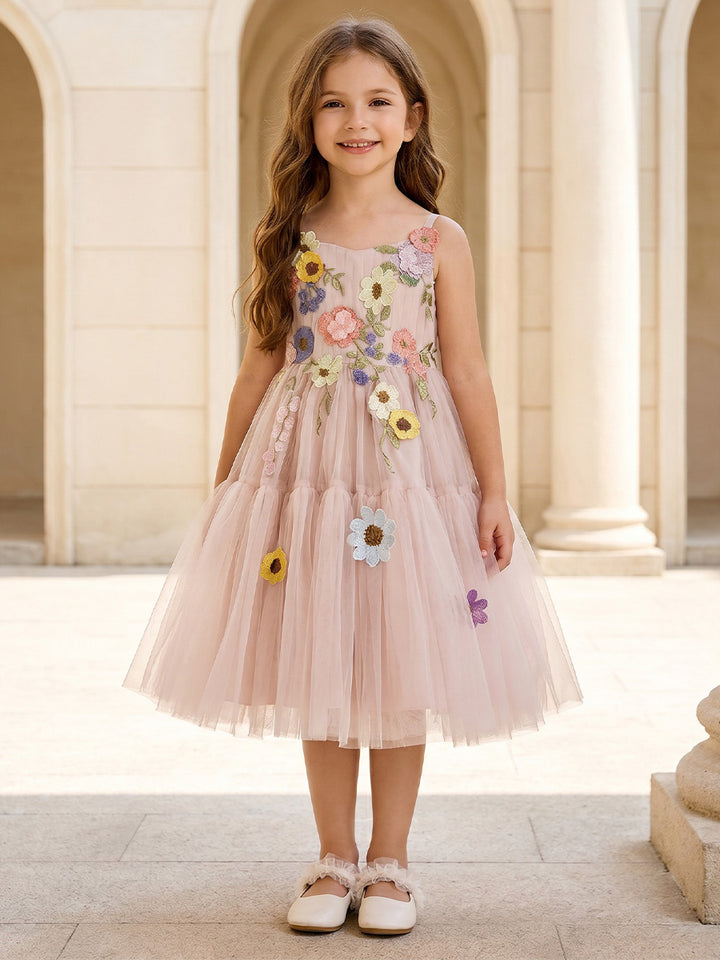 Robe de Bal Florale en Tulle à Col Rond Sans Manches Longueur Midi