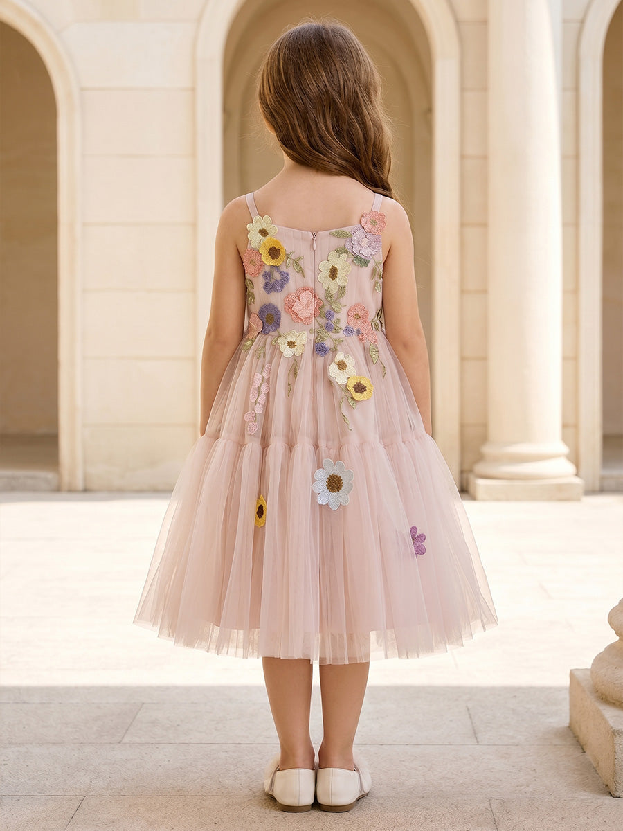 Robe de Bal Florale en Tulle à Col Rond Sans Manches Longueur Midi