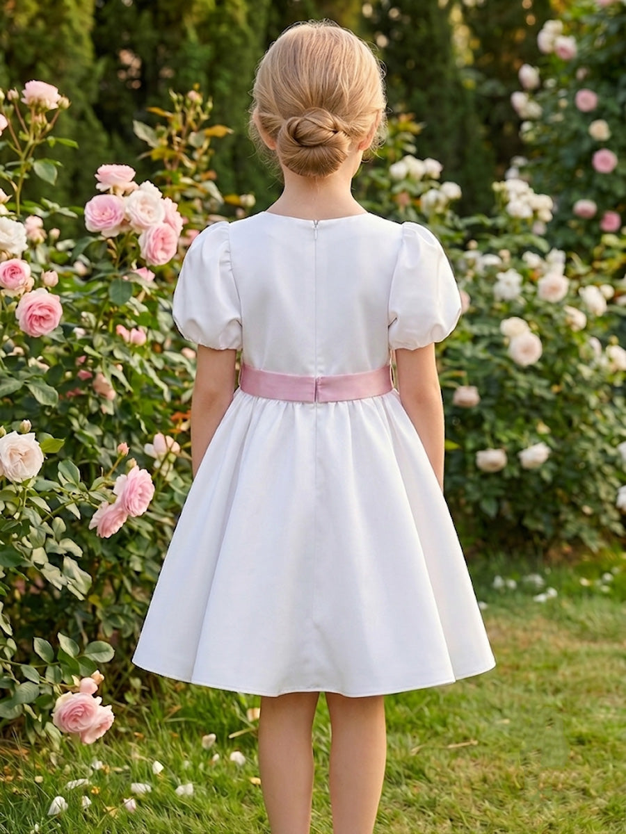 Robe de Bal en Satin à Col Rond Manches Bouffantes Longueur Genou avec Nœud Papillon