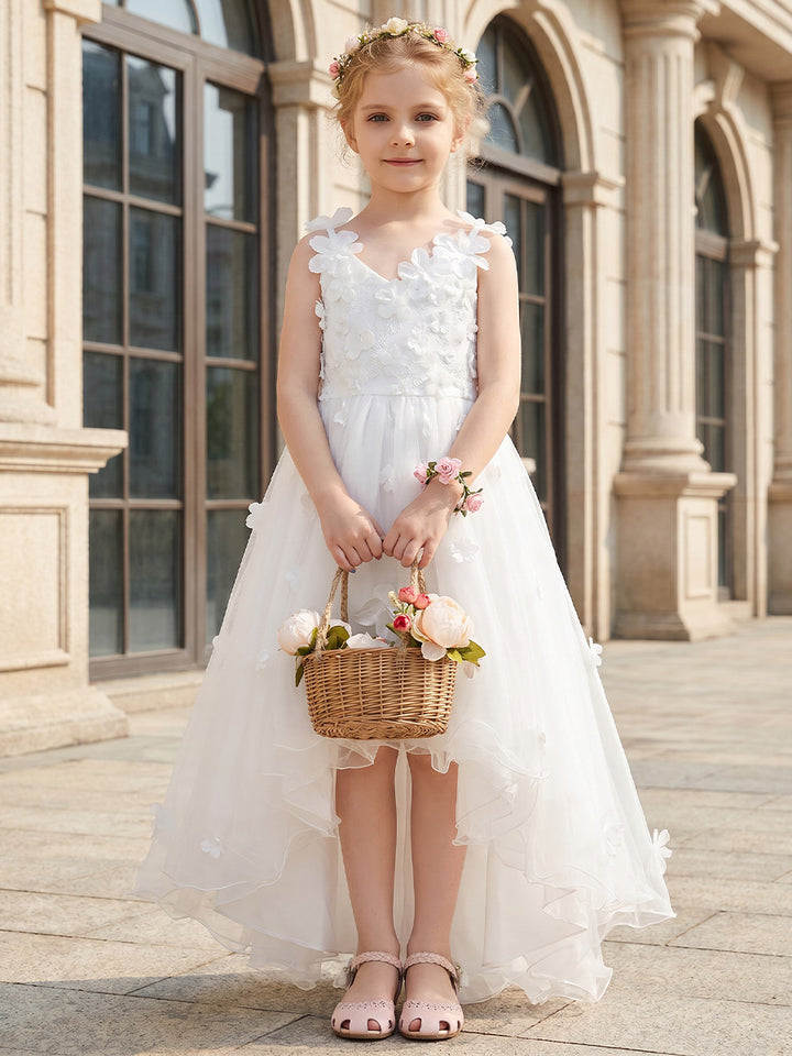 Robe de Bal en Tulle à Col V Sans Manches Longueur Haut-Bas avec Nœud Papillon et Fleurs 3D