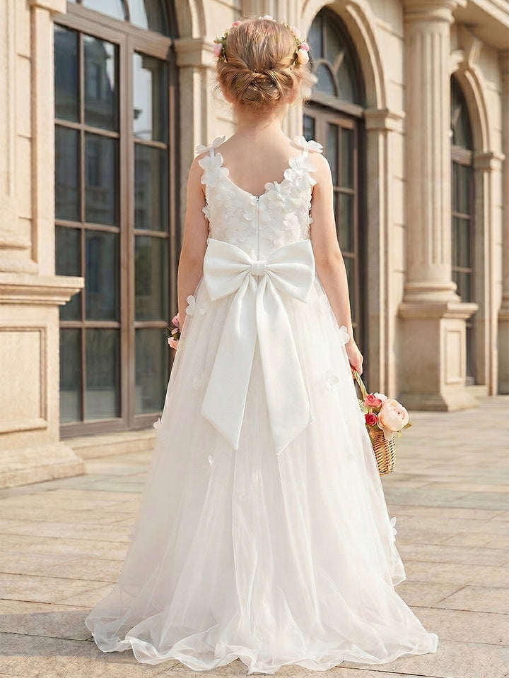 Robe de Bal en Tulle à Col V Sans Manches Longueur Haut-Bas avec Nœud Papillon et Fleurs 3D