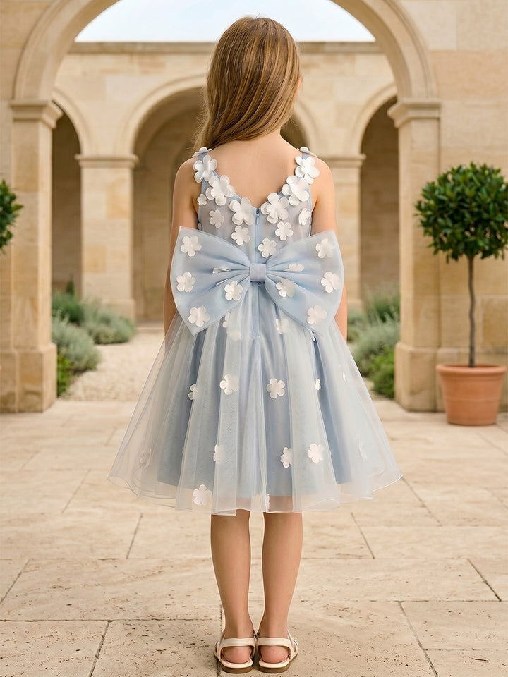 Robe de Bal en Tulle à Col V Sans Manches Longueur Genou avec Nœud Papillon et Fleurs 3D pour Filles
