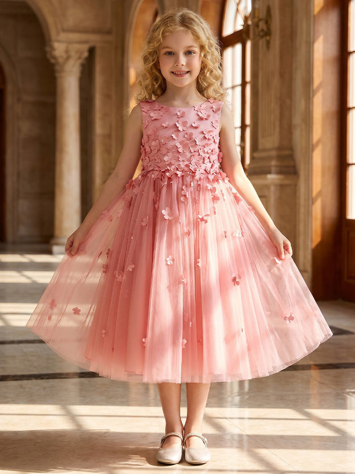 Robe de Bal en Tulle Sans Manches à Col Rond Longueur Midi avec Fleurs 3D pour FIlles