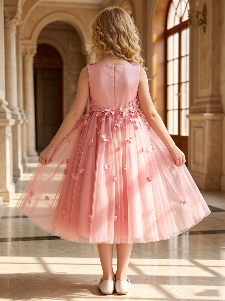 Robe de Bal en Tulle Sans Manches à Col Rond Longueur Midi avec Fleurs 3D pour FIlles