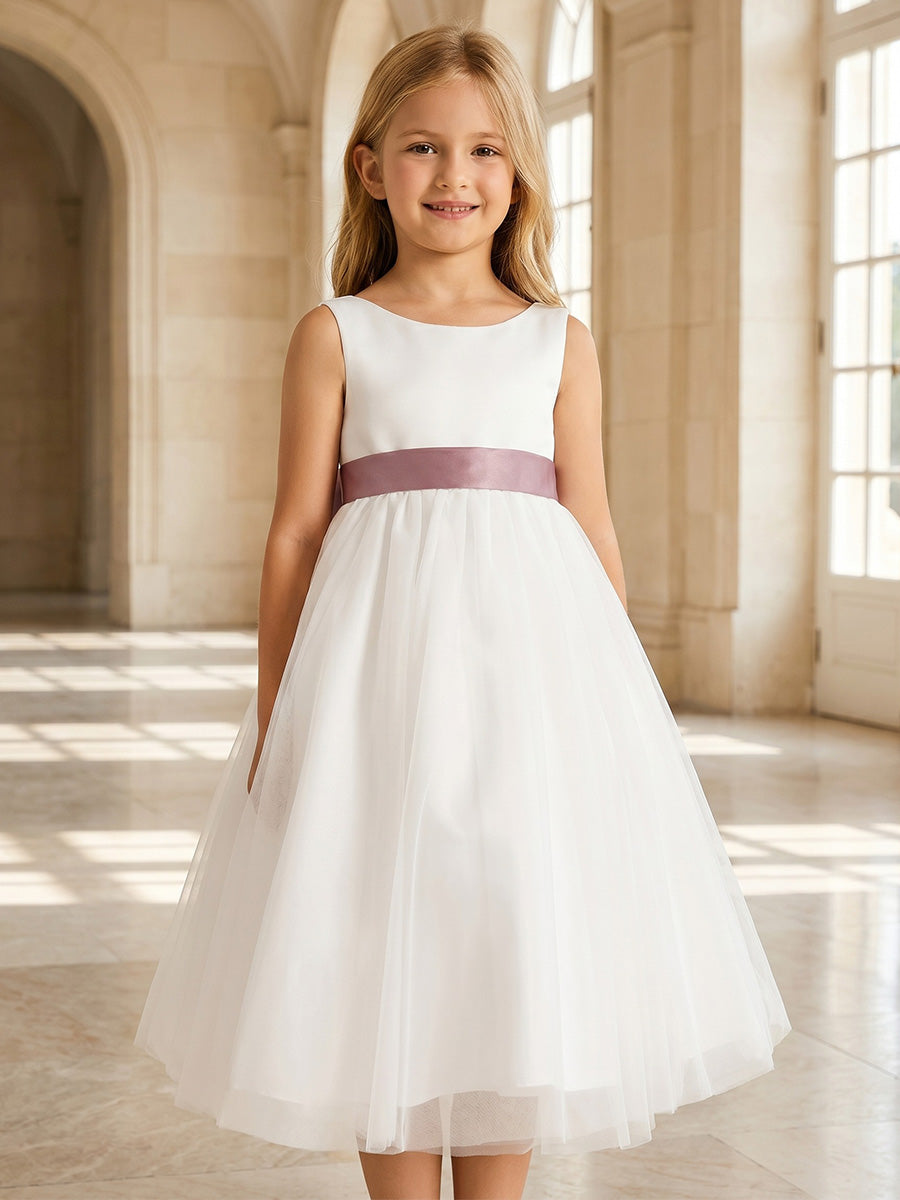 Robe de Bal en Tulle et Satin à Col Rond Sans Manches Longueur Midi avec Nœud Papillon