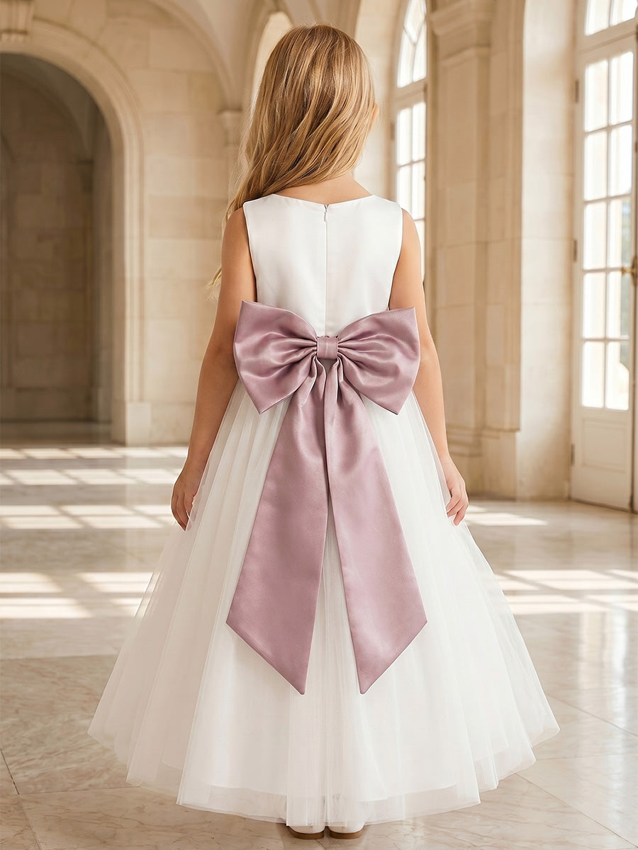 Robe de Bal en Tulle et Satin à Col Rond Sans Manches Longueur Midi avec Nœud Papillon