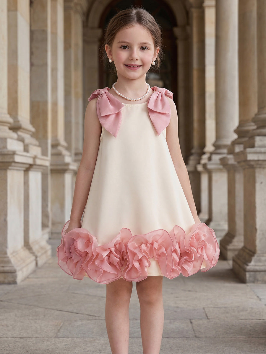 Robe de Bal en Satin Sans Manches à Col Rond Longueur Genou avec Nœud Papillon pour Filles