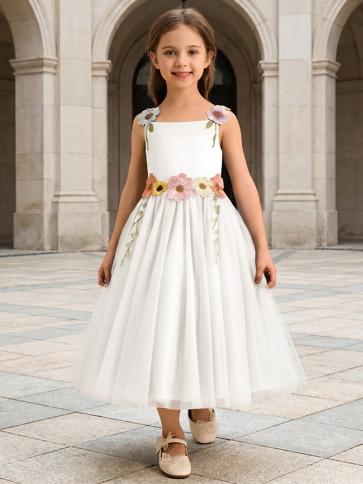 Robe de Bal en Tulle et Satin à Col Rond Sans Manches Longueur Midi avec Fleurs 3D
