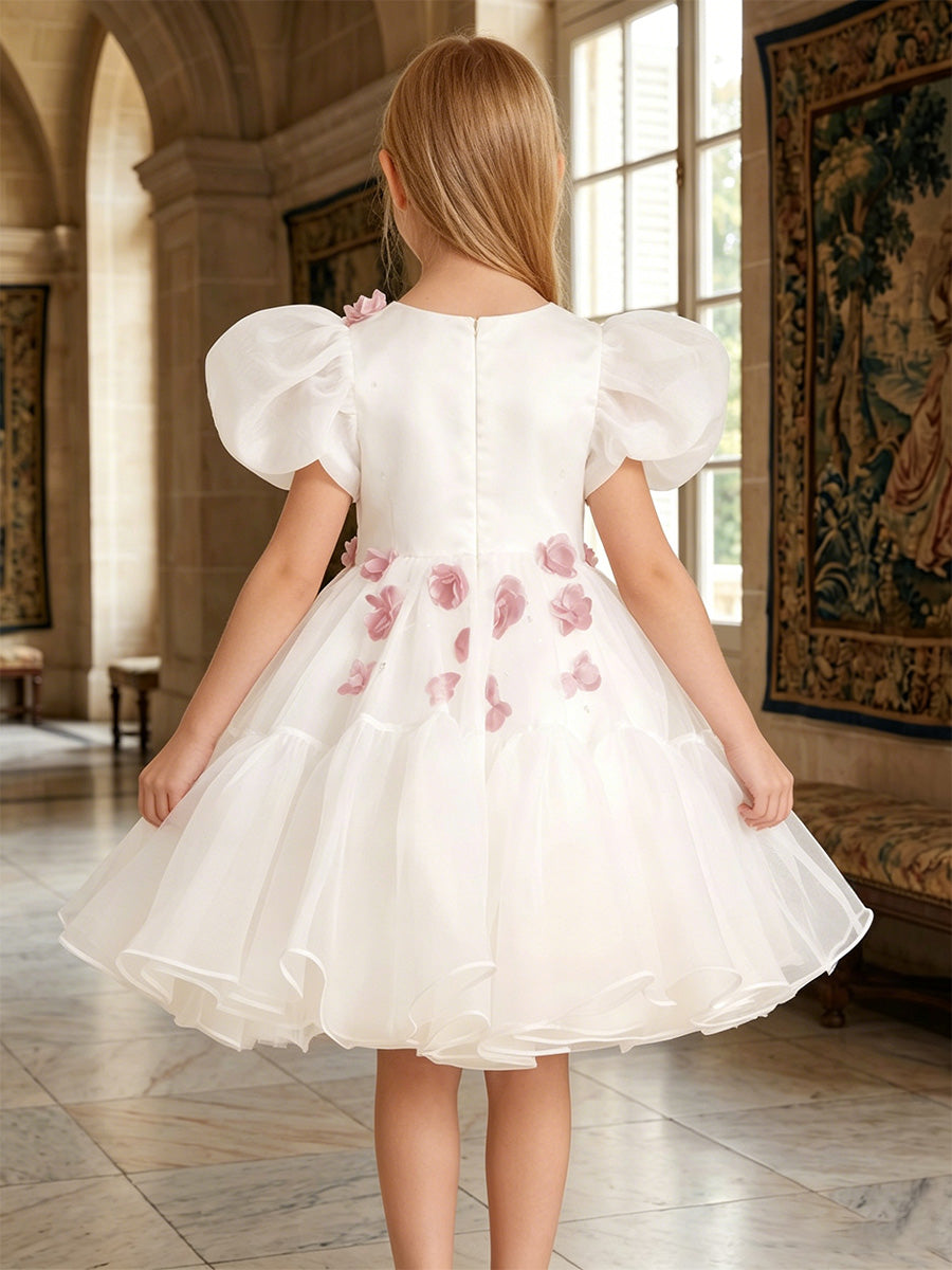 Robe de Bal en Satin et Tulle à Col Rond Manches Bouffantes Longueur Genou avec Fleurs 3D