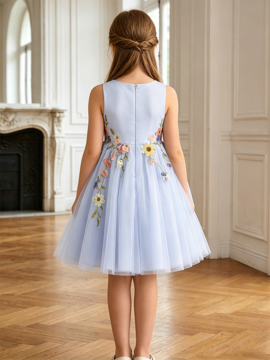 Robe de Bal en Tulle et Satin à Col Rond Sans Manches Longueur Genou avec Fleurs 3D pour Filles