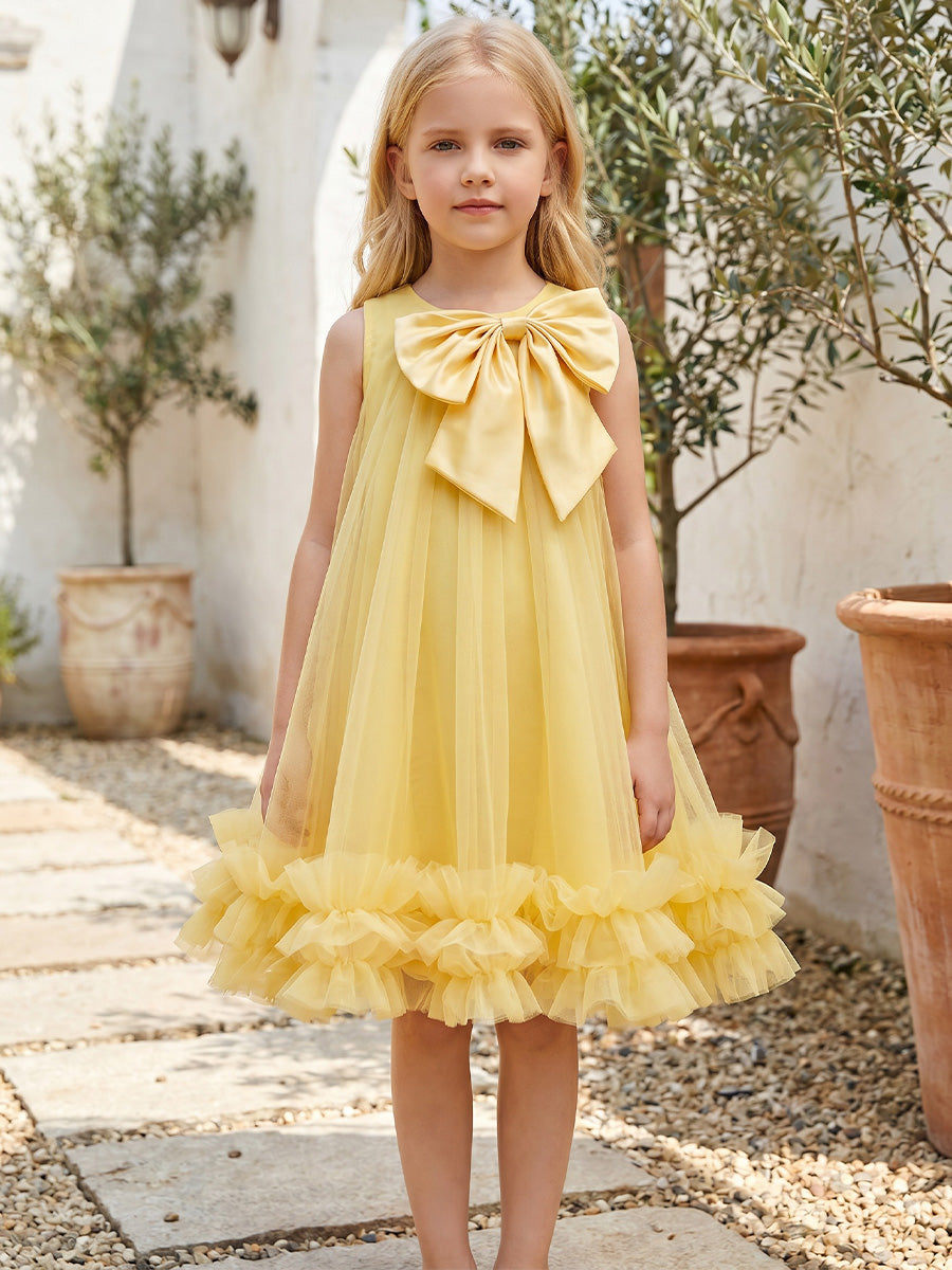 Robe de Bal en Tulle à Col Rond ans Manches Longueur Genou avec Nœud Papillon pour Filles