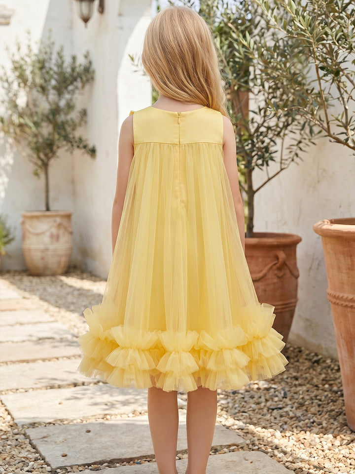 Robe de Bal en Tulle à Col Rond ans Manches Longueur Genou avec Nœud Papillon pour Filles