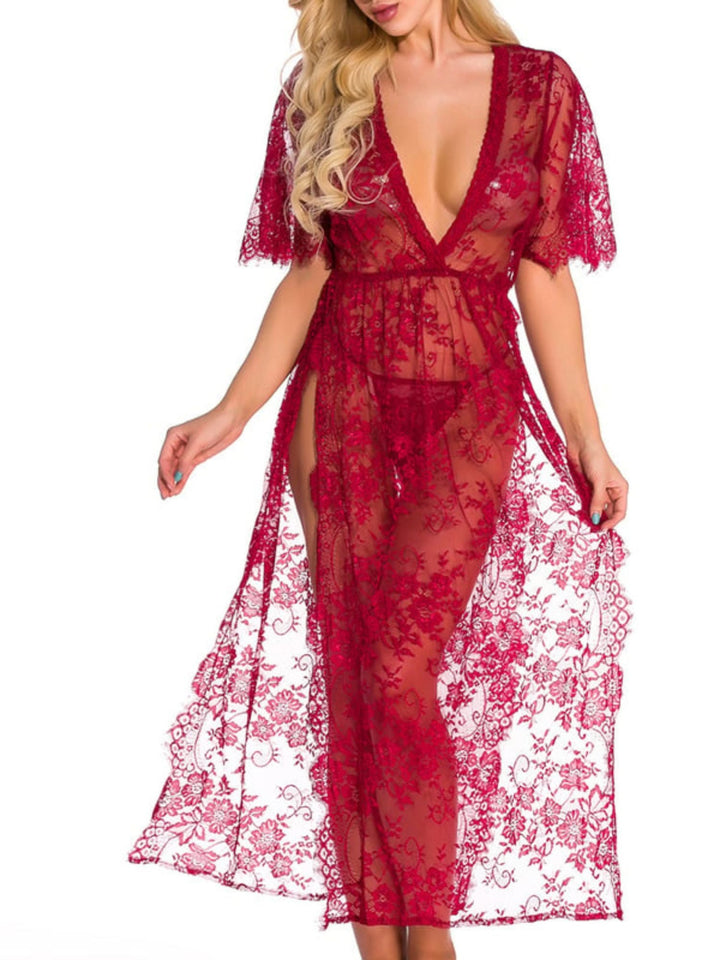 Pyjama Sexy en Polyester à Manches Mi-Longues et Dentelle pour Fête de Mariage
